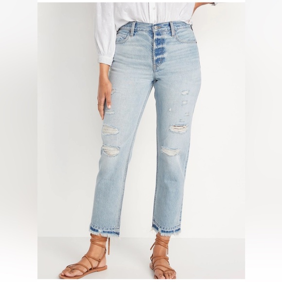 Old Navy Denim - Old Navy Button-fly High Rise Sloughy Ripped Straight Crop Jeans